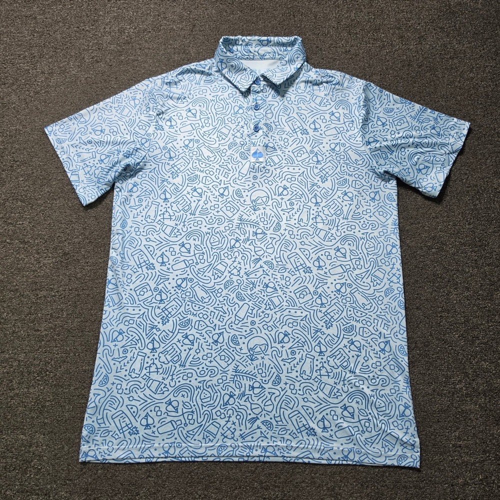 Pins & Aces Polo Shirt Blue Mens Large Doodle Print Short Sleeve Performance
